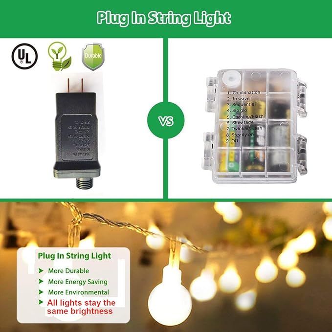 Globe String Lights Indoor, 49 Feet 100 LED Fairy Lights for Bedroom Plug in, 8 Modes Warm White Christmas String Lights for Indoor Outdoor Patio Party Garden Wedding Christmas Tree Decor