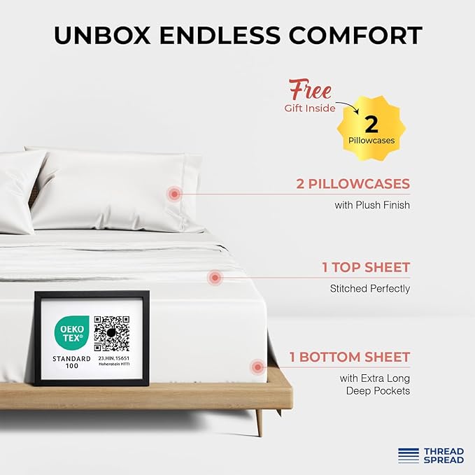 THREAD SPREAD 100% Egyptian Cotton Queen Sheets Set - 1200 Thread Count Luxury Egyptian Cotton Sheets Queen Size Deep Pocket (4 PC, Bright White), Soft, Cooling, Sateen Weave