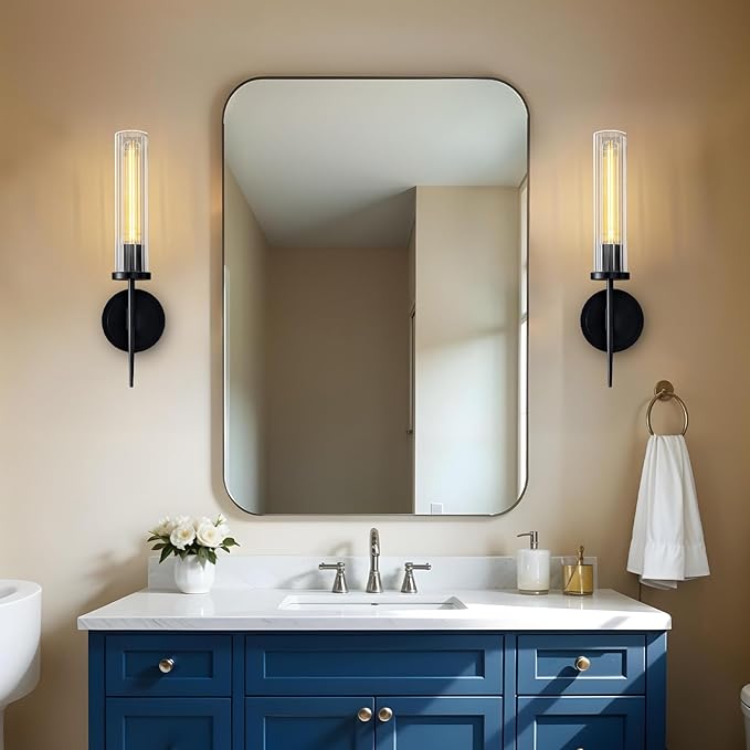 Wall Sconces Set of Two, 17.7'' Black Bathroom Wall Sconce Light with Glass Tube, 2-Light Sconces Wall Lighting Over Mirror Vanity Wall Lights for Living Room, Hallway, Bedroom, Staircase