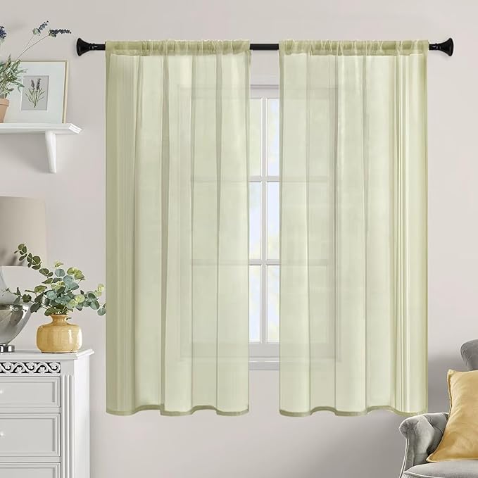 Sheer Curtains 72 Inches Long 2 Panels, Rod Pocket Short Curtain for Kitchen, Bedroom, Cafe Window(Sage Green 38" W x 72" L)