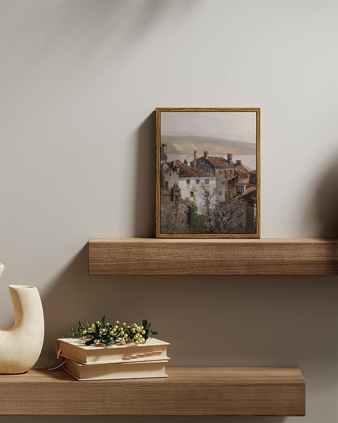 VIYYIEA Vintage Framed Canvas Wall Art, European Towns Landscapes Art, Living Room Hallway Bedroom Library Rustic Retro Neutral Decor, Small Antique Country Town Picture Paintings,8x10 Inch
