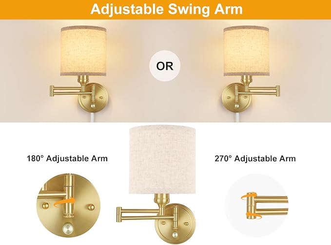 Plug in Wall Sconces with Remote Control, Dimming & Adjustable Colors 2700K-6500K, Hardwire or Plug-in, Swing Arm Wall Lamp with Linen Fabric Shade, Wall Sconces Set of Two, Gold Finish