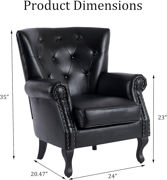 Modern Faux Leather Accent Chair, Upholstered Mid-Century Armchair with Solid Wood Legs, Single Sofa Chair for Living Room, Bedroom, or Reading Room(Black)