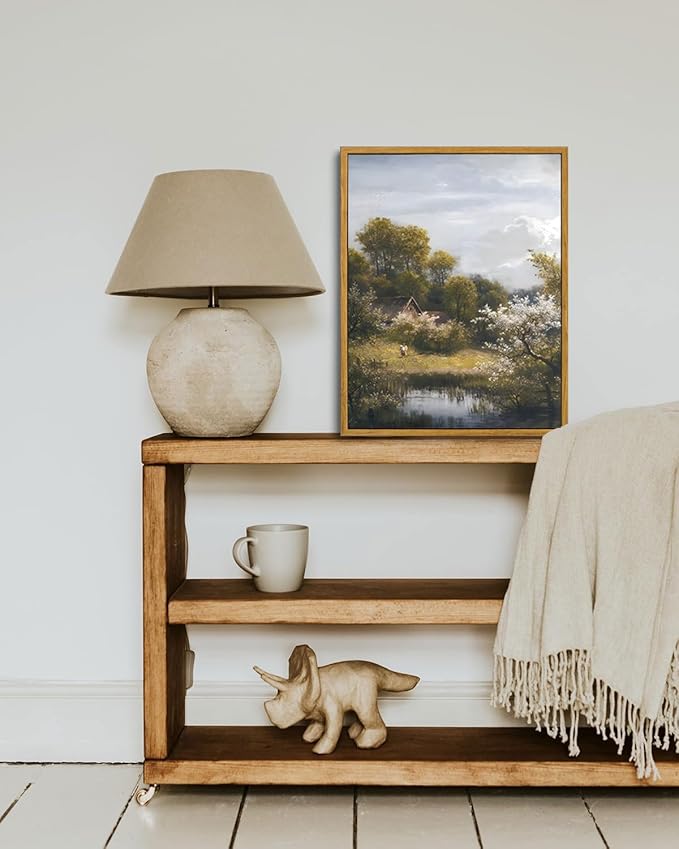 KISSFOX Vintage Rustic Cottage Landscape Canvas Wall Art Spring Countryside Framed Wall Art Farmhouse Retro Art Prints Artwork For Living Room Bedroom Kitchen