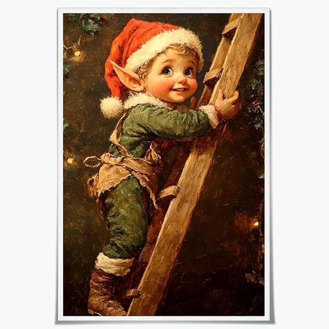 Medpol Vintage christmas wall art christmas elf painting winter cottagecore canvas poster for farmhouse home decor apartment dormitory Unframed12x18inch