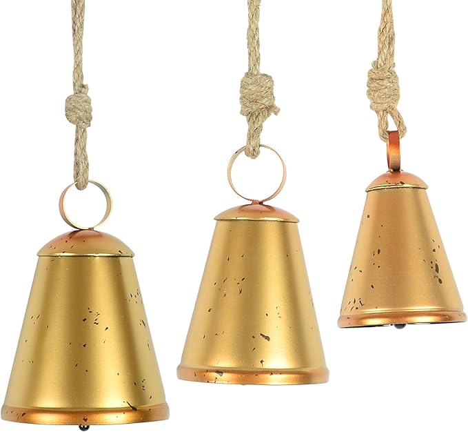 Styleonme Vintage Handmade Lucky Christmas Bells - 3-Piece Set of Harmonious Metal Indoor & Outdoor Blessing Bells Hanging on a Rope