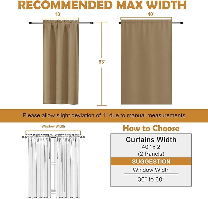 Aiyufeng Taupe Blackout Curtains for Bedroom 63 Inch Length 2 Panels Set, Solid Thermal Insulated Energy Saving Rod Pocket Window Treatment Curtains Blackout Drapes, W40 x L63 Inch, Taupe