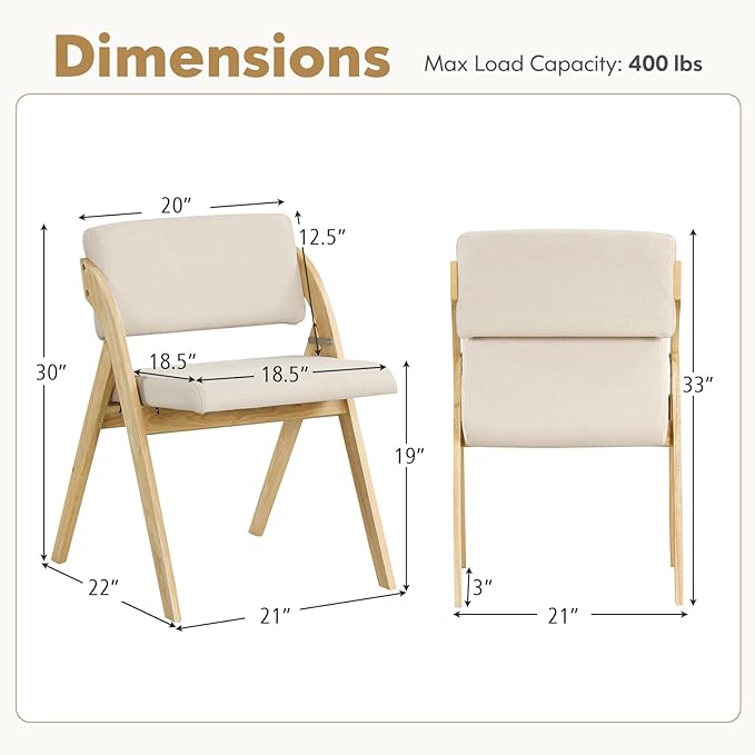 GOFLAME Folding Dining Chairs Set of 2, Upholstered Kitchen Chairs with Padded Seat & Backrest, Modern Side Chairs with Rubber Wood Legs for Home Office Events, Wedding, No Assembly Needed, Natural