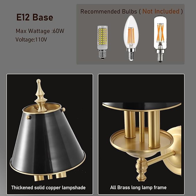 Brass Wall Sconce 2-Lights Modern Gold Black Bathroom Wall Lighting Vanity Light Fixtures Solid Copper Shade Industrial Wall Mount Lights for Bedroom Living Room E12