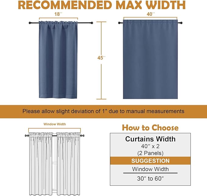 Aiyufeng Denim Blue Short Blackout Curtains for Bedroom 45 Inches Long 2 Panels Set, Solid Thermal Insulated, Energy Saving Window Treatment Curtains Blackout Drapes, W40 x L45 Inch, Denim Blue
