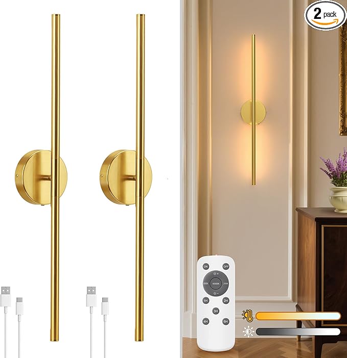 NIORSUN 27.6 Inch Battery Operated Wall Sconce Set of 2, Gold Round Base Rechargeable Wall Lights with Remote, 3CCT Dimmable Wireless Wall Sconces for Living Room Bedroom Hallway