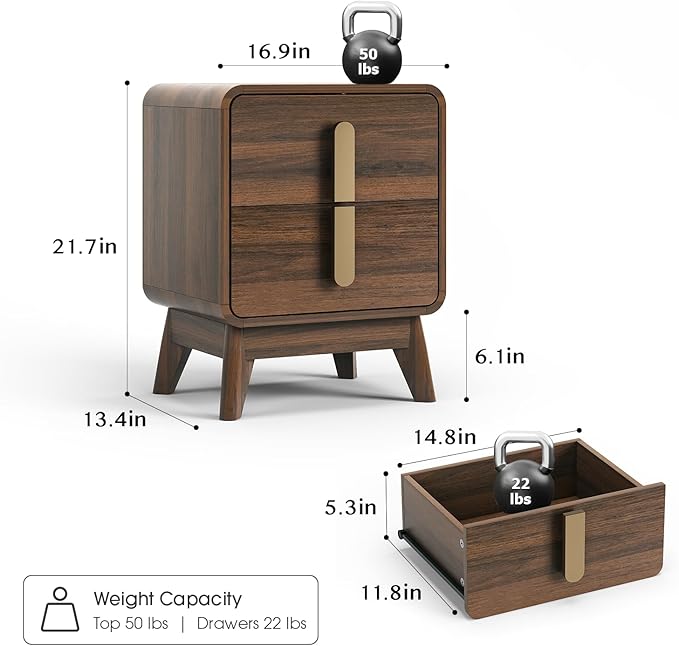 Nightstand Set of 2, Mid Century Modern Bedside Table with Drawers & Metal Handle, Curved Profile Brown End Table with Storage, Solid Wood Feet Side Tables for Bedroom, Dark Walnut