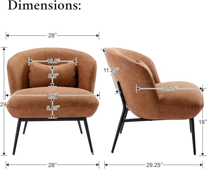 LukeAlon PU Leather Single Sofa Chairs Set of 2, Modern Upholstered Accent Chairs with Metal Legs and Pillow Cute Living Room Chairs Wide Seat Slipper Chairs for Bedroom Reception Area, Brown