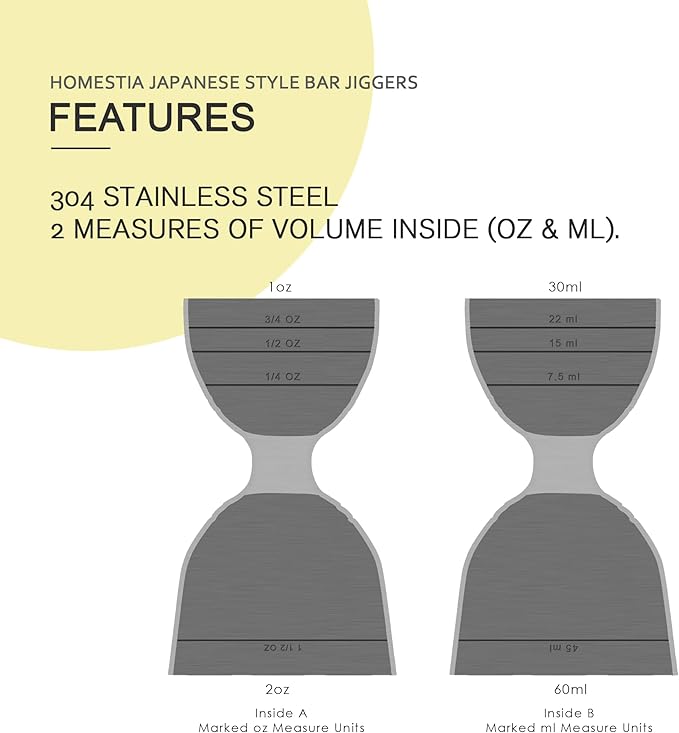 Homestia Premium Bell Jigger, with Measurements Inside 2 oz 1 oz, Shot Measure Double Jigger, Bar Jigger Liquor Alcohol Measuring for Bartending, Stainless Steel Bartender Jiggers with Pourer