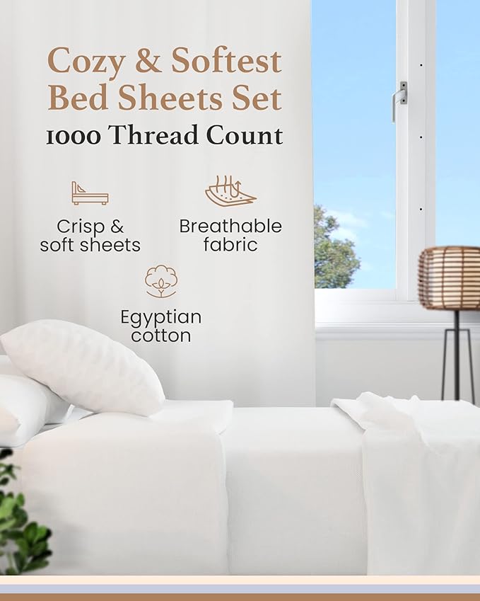 1000 Thread Count Egyptian Cotton Sheets King Size, 4 Pc Luxury Sheets Set, Long Staple 100% Cotton Sheets for King Size Bed, 16" Deep Pocket Hotel Style Sheets, Sateen Sheets King, White