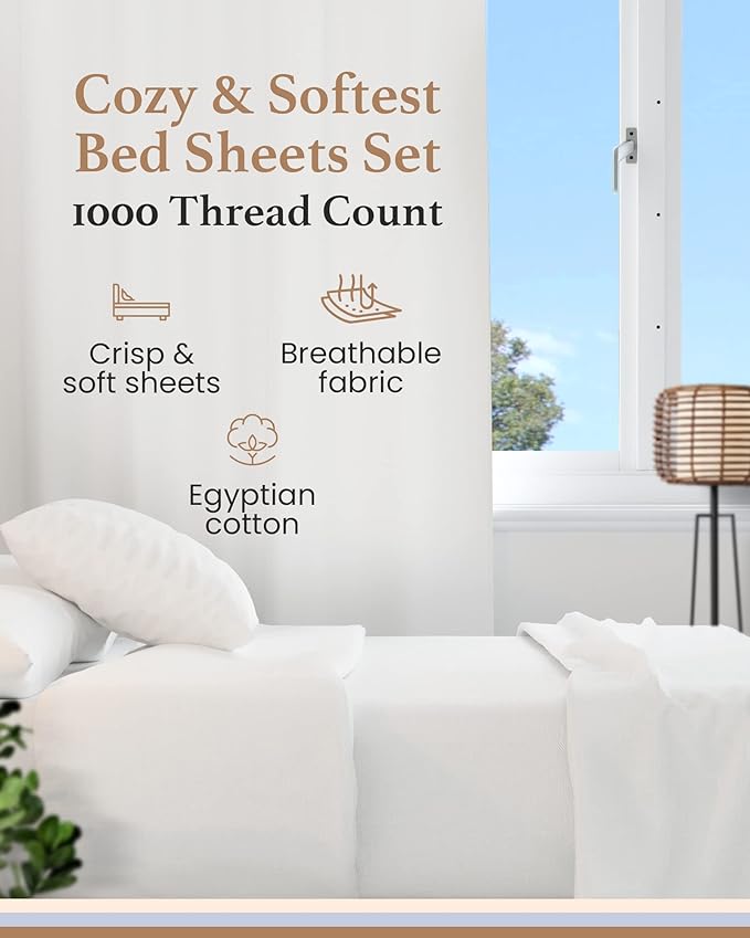 GOOD SLEEP BEDDING California King Sheet Sets - 100% Egyptian Cotton Sheets California King Size, 4Pc, 1000 TC, Cal King Sheet Set, Soft Sateen Weave, 16" Deep Pocket California King Sheet Set - White