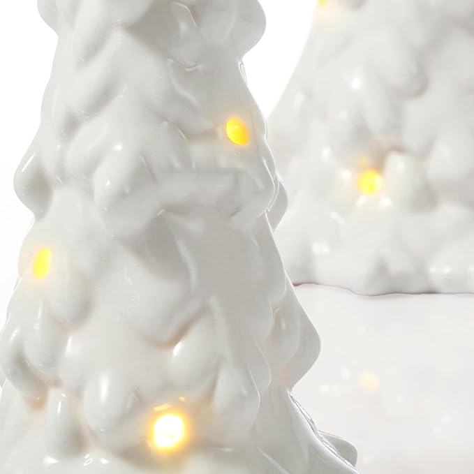 DN DECONATION Ceramic Christmas Tree with Lights, Tabletop Tree Decor for Home, Battery-Operated White Xmas Tree Snow-Covered Set of 2 for Christmas Mantel Table Centerpiece Decorations