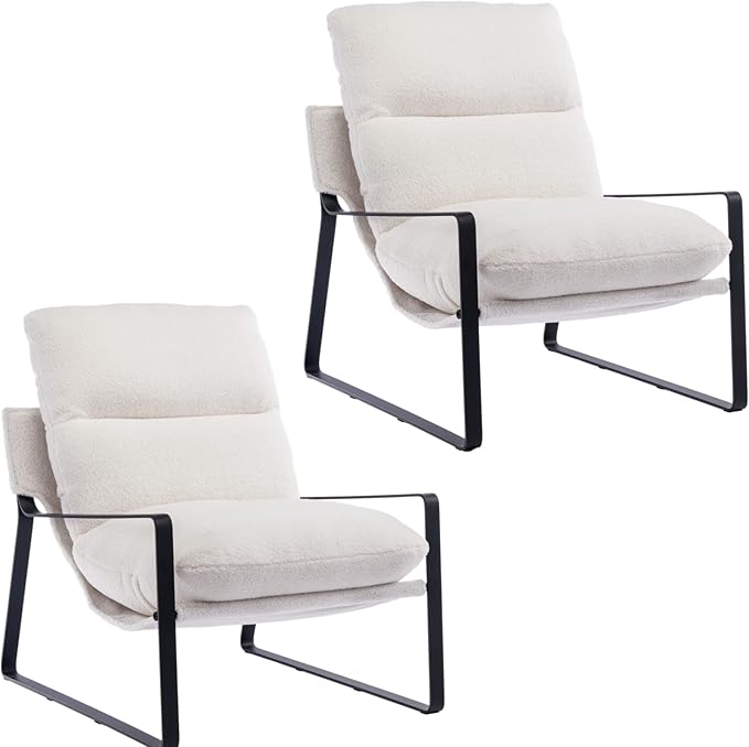 Mid-Century Accent Chair Set of 2, Comfy Sherpa Fabric Side Chair with Armrest, Upholstered Leisure Chair with Black Metal Frame for Living Room Bedroom Reception Room, White