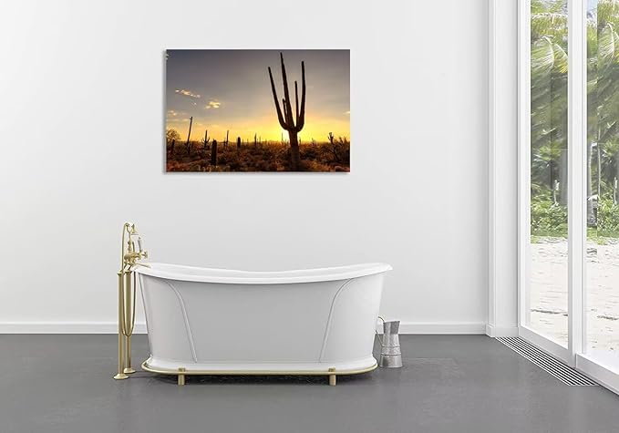 Sunset at Saguaro National Park Picture Wall Art for Living Room Bedroom Bathroom Home Decorations Arizona Cactus Landscape Poster Framed Artwork Canvas Prints Ready to Hang(12''H x 16''W)