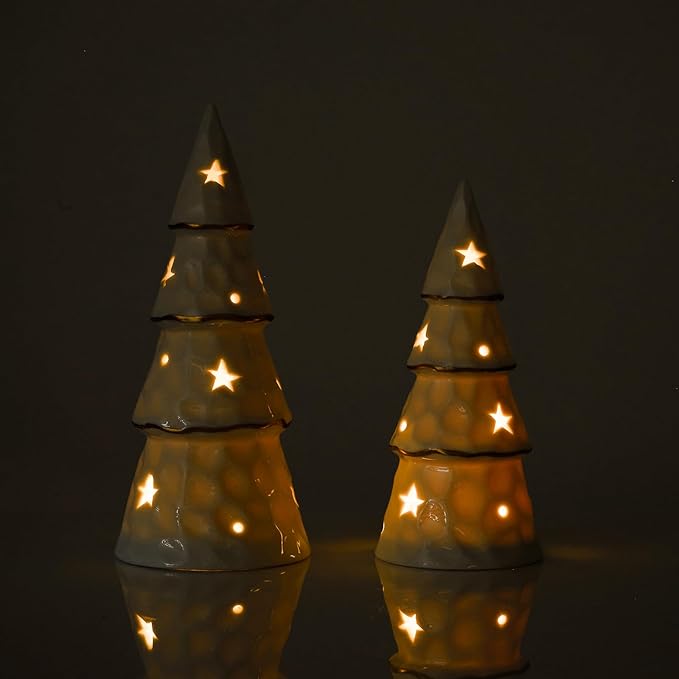 DN DECONATION White Christmas Ceramic Tree with Lights, Prelit Porcelain Tabletop Xmas Trees, 2Pcs Battery-Operated Christmas Tree Figurines for Christmas Mantel Desk Table Centerpieces Decor