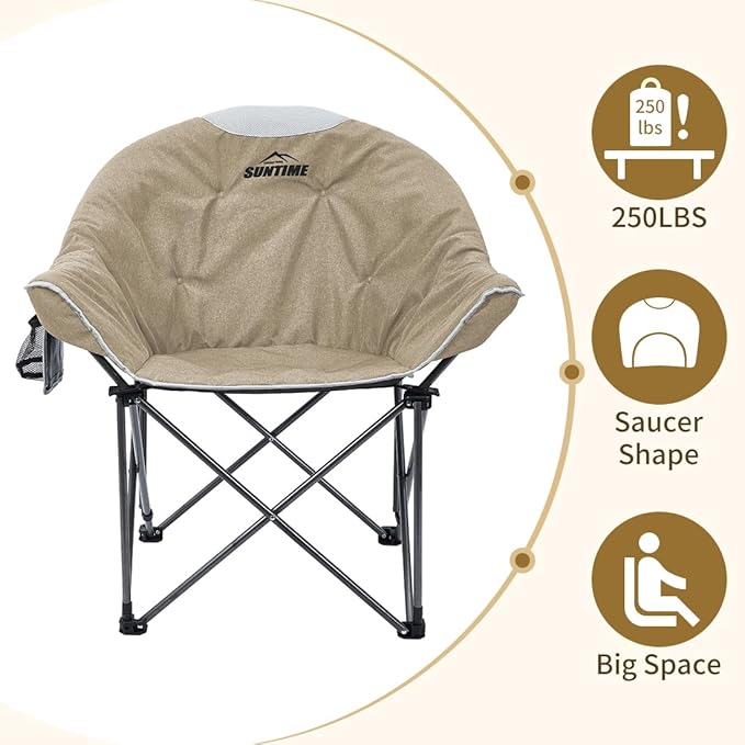 OUTDOOR LIVING SUNTIME Oversized Padded Camping Chair,Portable Comfy Outdoor Folding Moon Round Saucer Chairs for Adults with Holder and Carry Bag, Perfect for Hiking Lawn Patio Sports(Beige 2 Pack)