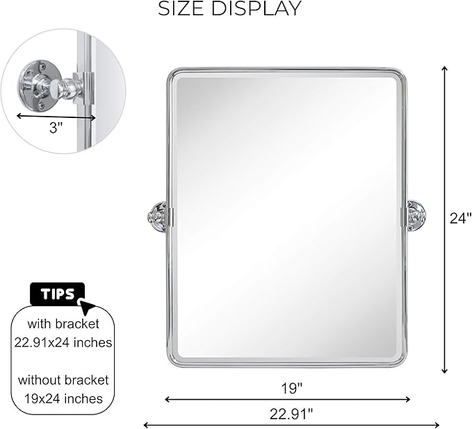 Farmhouse Chrome Metal Framed Pivot Rectangle Bathroom Mirror Rounded Rectangluar Tilting Beveled Vanity Mirrors for Wall, Overall 22.91 x 24 inches (Mirrror 19 x 24 inches)