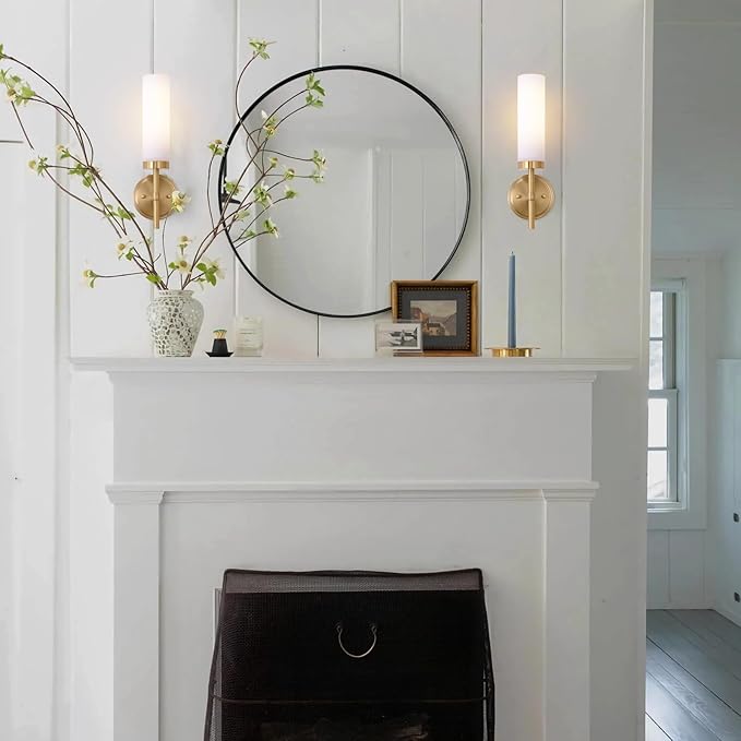 Gold Bathroom Wall Sconces Set of 2, Modern Sconces Wall Lighting Vanity Light Fixtures with Opal White Glass Shade, Brushed Brass Wall Lights for Mirror Living Room Bedroom Hallway Kitchen Stairs