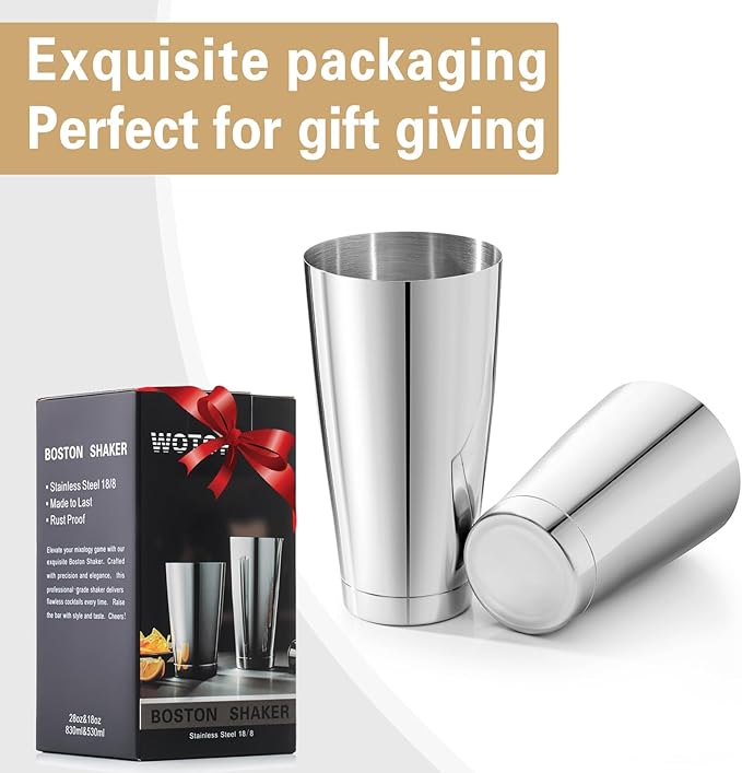 WOTOR Boston Cocktail Shaker Set, 18 oz & 28 oz Stainless Steel Weighted Shaker Tins, Metal Martini Shaker Drink Mixer for Bartending, professional Bar Tools for Bartender (Sliver)