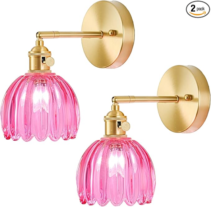 Wall Sconces Set of Two Hardwired, Vintage Sconce Light with Tulip Ruby Red Glass Lampshade, Bathroom Wall Lights with Switch, Gold Wall Light Sconces Wall Decor Set of 2