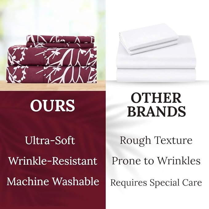 Spirit Linen home Twin Sheets Sets - Pure Microfiber 3 Piece Polyester Bed Sheets, Fitted Sheet & Pillow Cases - Twin Sheets for All Seasons (Foliage Burgundy/White, Twin/Twin XL)