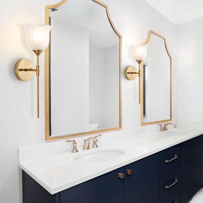 Gold Wall Sconce Set of 2 with Frosted Glass Shades Modern Mid Century Bathroom Vanity Wall Light Fixtures Industrial Brushed Brass Wall Lamp for Bedroom Mirror Living Room Restaurant