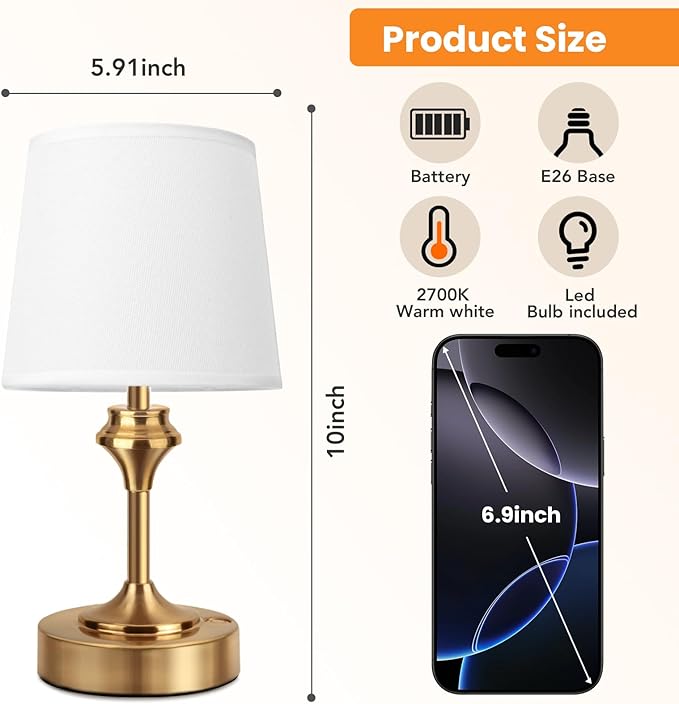 NIORSUN Portables Cordless Table Lamp, 10.2" Battery Operated Lamp, Bedside Table Lamp with Warm White,3 Way Dimmable Touch Desk Lamp for Bedroom Living Room Restaurant Whtie Shade (Gold)