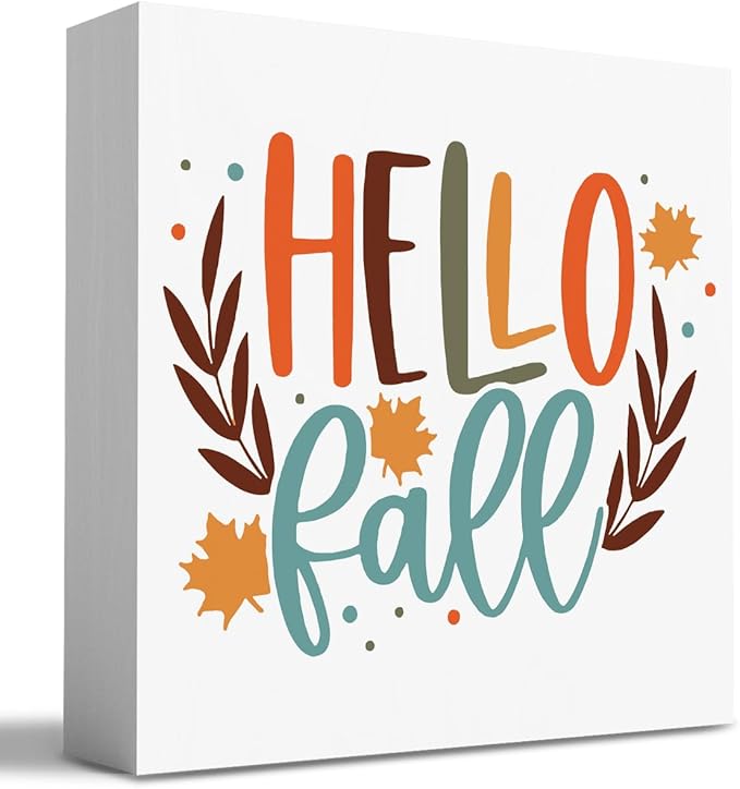 Fall Wooden Box Sign, 5.1 X 5.1 Inch Autumn Maple Wood Sign for Tiered Tray Decor, Home Living Room Harvest Day Thanksgiving Tabletop Decor - Hello Fall