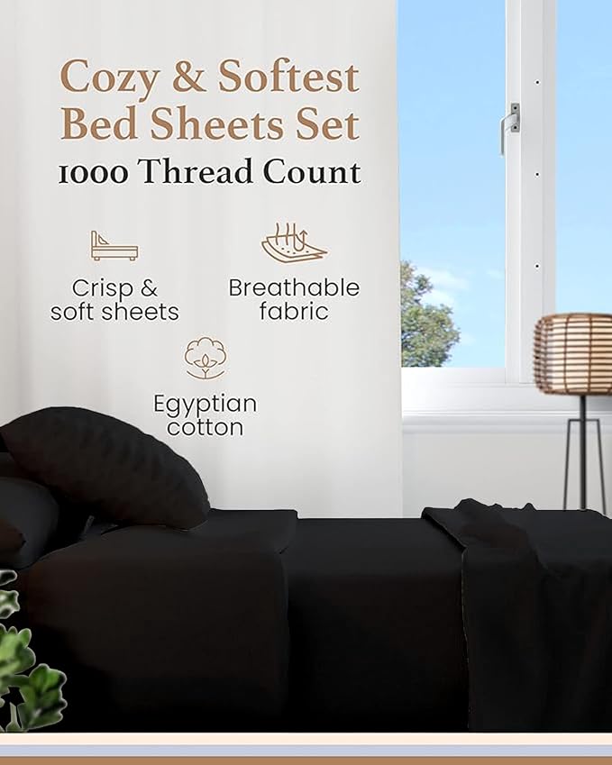 Good Sleep Bedding King Size Sheets Set Deep Pockets - 4 Pc, 1000 TC King Sheet Set, 100% Egyptian Cotton Bedsheets King Size Bed, Soft & Breathable King Size Sheets, FIts Upto 16 Inch - Black