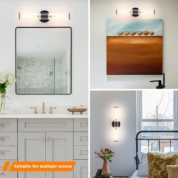 Black and Gold Bathroom Wall Sconces, Hardwired Sconce Wall Decor Set of 2, Modern Wall Sconce with Clear Glass, Bathroom Sconces over Mirror, Wall Light Fixtures for Hallway, Bedroom (Bulbs Required)