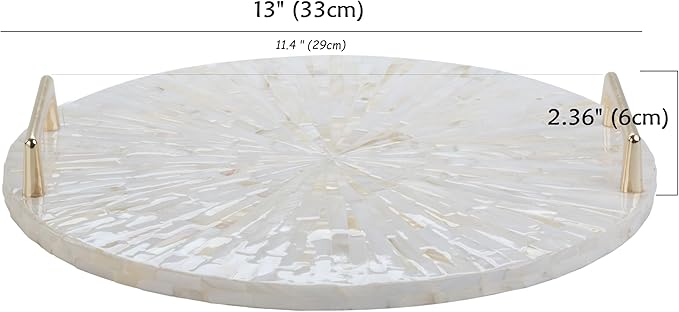 PEMAR Mother of Pearl Decorative Tray, 13" Round Display & Serving Tray with Gold Handles, Vanity/Perfume/Trinket Catchall for Dresser, Bathroom, Vanity Table (White Cream Sunlight Starburst Pattern)