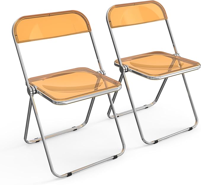 VINGLI Acrylic Folding Chairs 2 Pack, Clear Chair Foldable and Stackable, Plastic Panel & Metal Chrome Frame, Weight Capacity 350 lbs, Orange