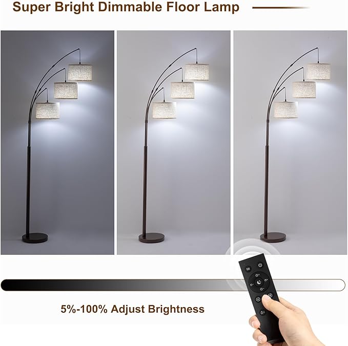 3 Light Arc Floor Lamps for Living Room, 2400LM Super Bright Floor Lamp with Remote Control, 80" Tall Floor Lamps with Stepless Dimmable, Mid Century Tree Floor Lamp for Bedroom, Office