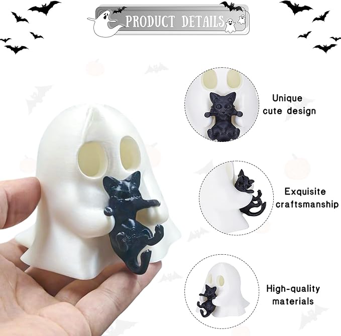 1 Pcs Halloween Ghost Figurine Cute Desktop Ornament Cute Cartoon Little Ghost Hugging Kitten Designs 3D Printing Spooky Halloween Statue for Home Offince Art Display Decor Suppies