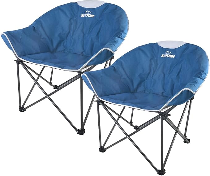 OUTDOOR LIVING SUNTIME Oversized Padded Camping Chair,Portable Comfy Outdoor Folding Moon Round Saucer Chairs for Adults with Holder and Carry Bag, Perfect for Hiking Lawn Patio Sports(Blue 2 Pack)