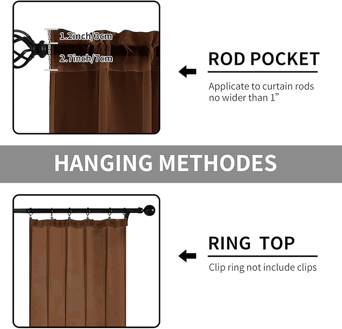 Sheer Curtains 72 Inches Long 2 Panels, Rod Pocket Short Curtain for Kitchen, Bedroom, Cafe Window(Brown 38" W x 72" L)
