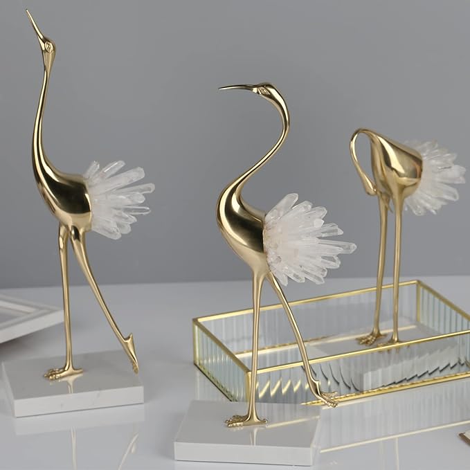 suruim Elegant Gold Crane Bird Statues with Crystal Tail Accents, Decorative Brass Figurines for Home Decor (White B)