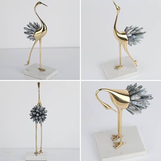 suruim Elegant Gold Crane Bird Statues with Crystal Tail Accents, Set of 3, Decorative Brass Figurines for Home Decor (Blue C)