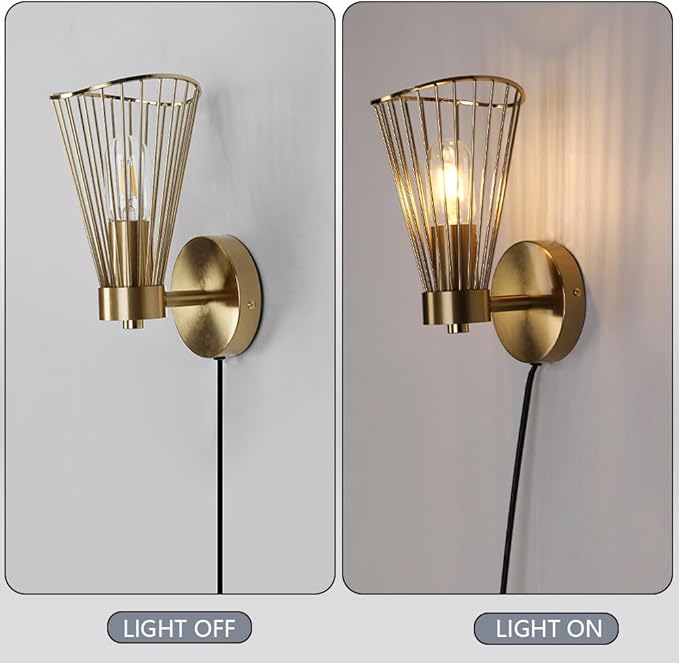 Plug in Wall Sconces Vintage Wall Light with On/Off Switch Gold Modern Wall Lamp with Plug in Cord for Living Room Bedroom Bedside Hallway Vanity