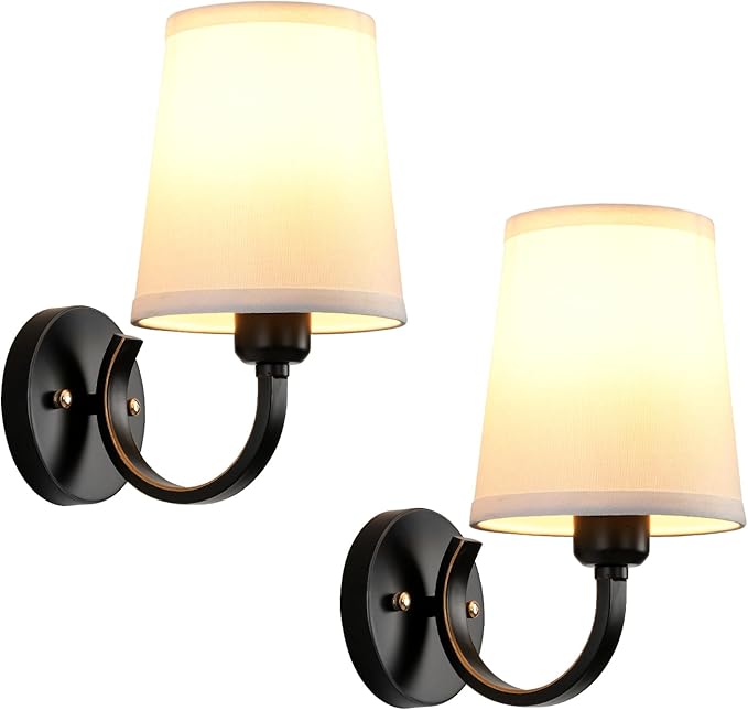 Wall Sconces Set of 2, Modern Wall Lamps for Bedroom, Sconces Wall Light Fixture with Beige Fabric Shade, Indoor Wall Mounted Lamps for Living Room Hallway Kitchen, Black Finish
