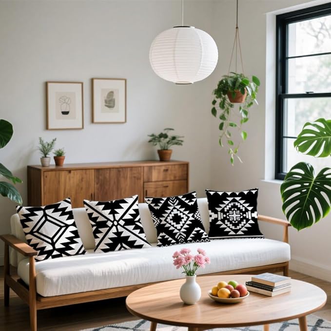 Cirzone Outdoor Pillow Covers 18x18 Set of 4 Morden Black Geometric Patterns Waterproof Throw Outdoor Pillows Boho Decorations for Funiture Patio Garden Home
