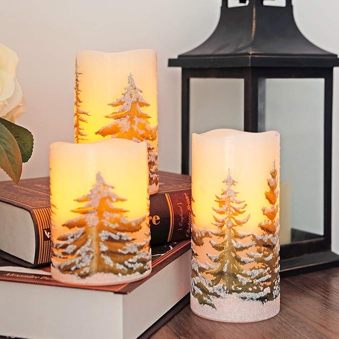 DRomance Christmas Flameless Candles with 6 Hour Timer, 3 Pack Real Wax LED Pillar Candles Warm Light Flickering Holiday Decor(Green Christmas Tree, 3 x 4,5,6 Inches)