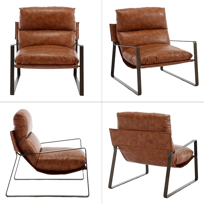 Mid-Century Accent Chair, Comfy PU Leather Side Chair with Armrest, Upholstered Leisure Chair with Bronze Metal Frame for Living Room Reception Room, 1PC, Brown