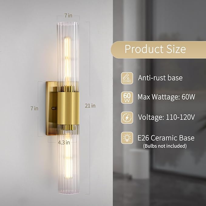 Wall Sconces Set of Two - Gold Bathroom Sconces Wall Lighting with Threaded Glass Wall Lighting Fixtures Mounted Lamps for Bedroom, Bathroom, Living Room, Hallway (Gold Water Pattern)