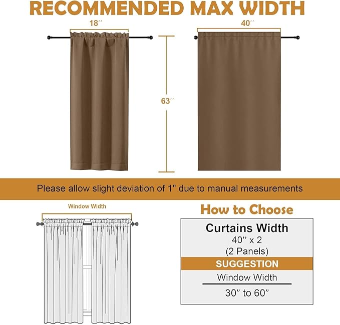 Aiyufeng Brown Blackout Curtains for Bedroom 63 Inch Length 2 Panels Set, Solid Thermal Insulated Energy Saving Rod Pocket Window Treatment Curtains Blackout Drapes, W40 x L63 Inch, Brown